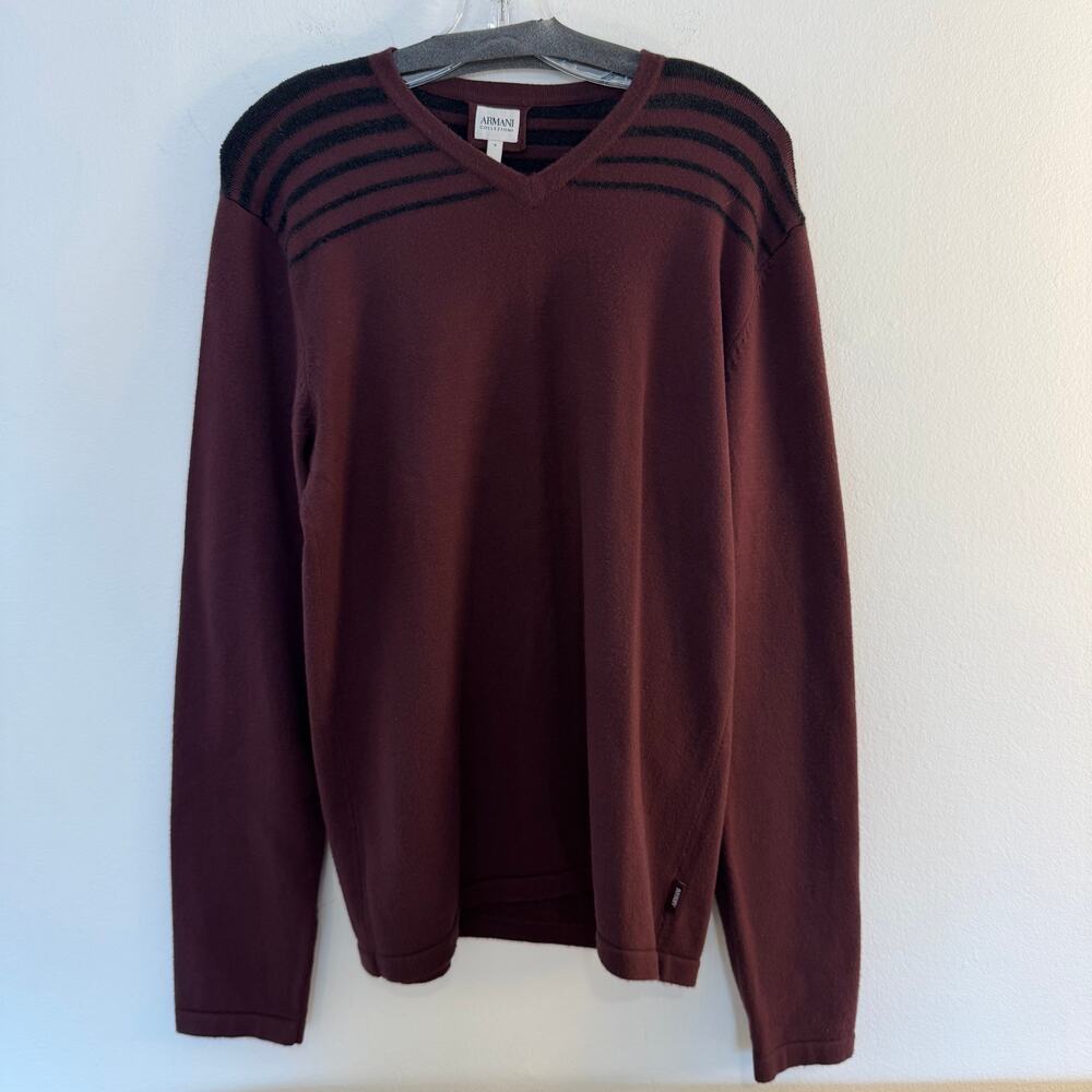 Armani Collezioni Men’s Burgundy Maroon Stripe V-Neck Sweater Pullover M Luxury